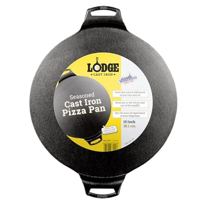 Lodge Seasoned Cast Iron Pizza Pan 15 Inch - Pre-Seasoned, Round Pizza Pan with Dual Assist Handles - Even Heat Distribution- PFAS-Free, Non-Toxic Cookware - Oven Safe