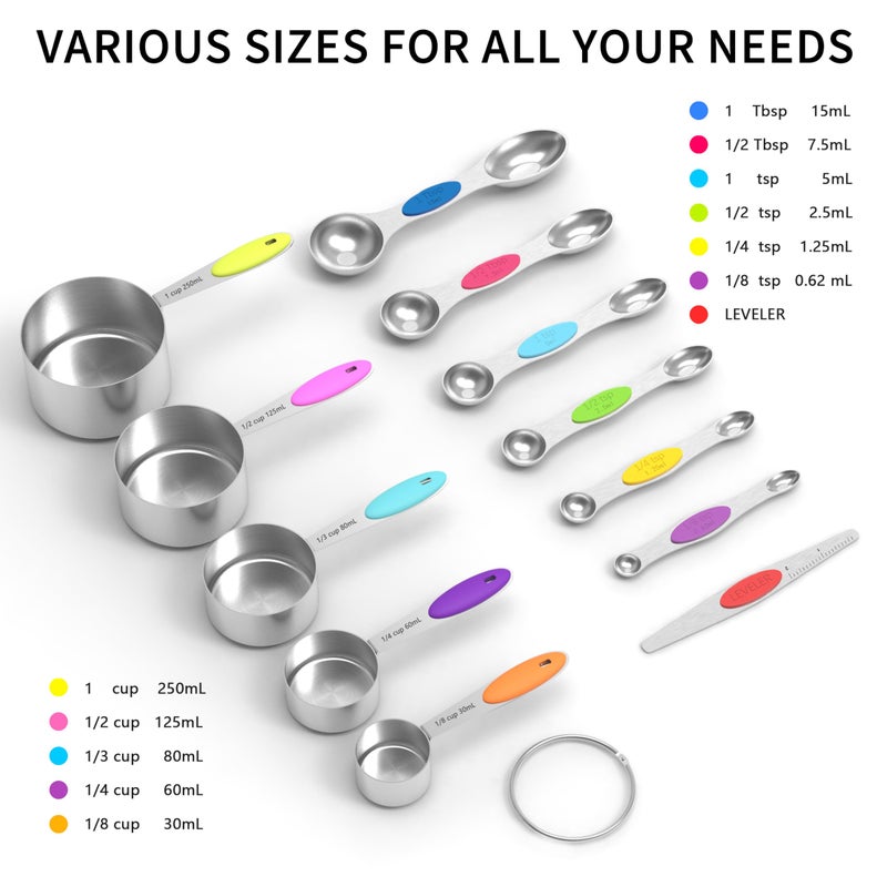TILUCK measuring cups and magnetic measuring spoons set, stainless steel measuring cups, 6 double-sided stainless steel measuring spoons & 1 leveler (5+7) - Image 2