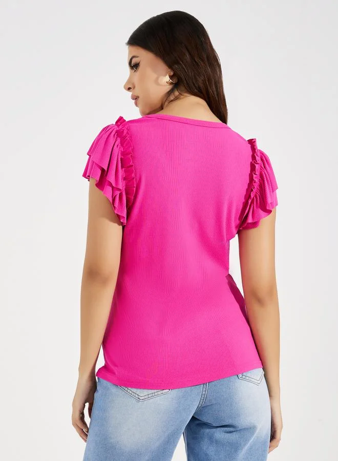 تايك تو Solid Ruffled Sleeves Rib Knit Top