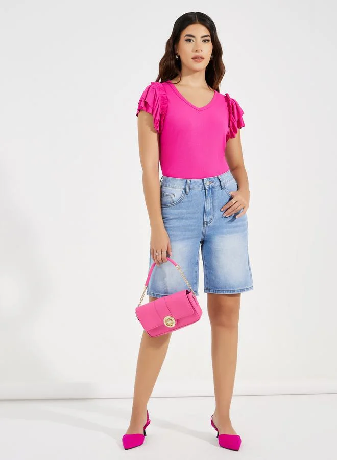 تايك تو Solid Ruffled Sleeves Rib Knit Top