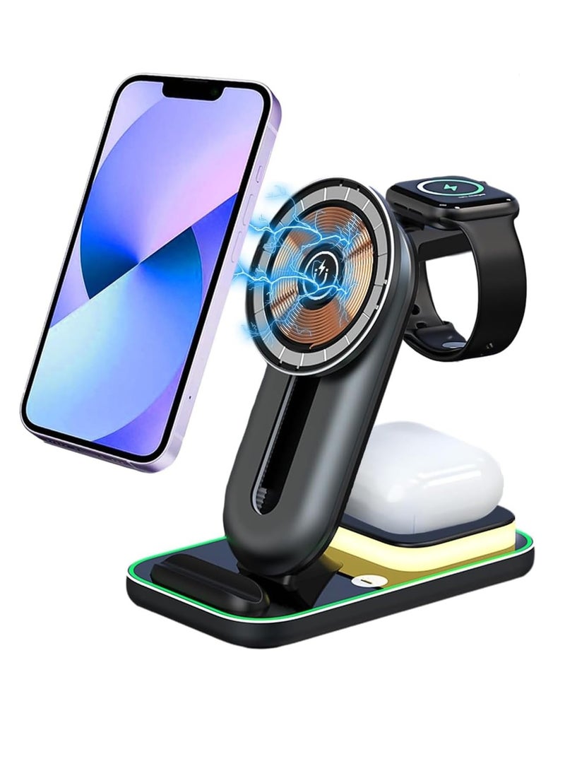 SYOSI Wireless Charging Station Magnetic iPhone Charger 3 in 1 15W Fast Mag-Safe Charger Stand with QC3.0 Adapter for iPhone Samsung Galaxy Qi-Enabled Phone iWatch Ultra/8/7/6/5/4/3/2 - Image 1