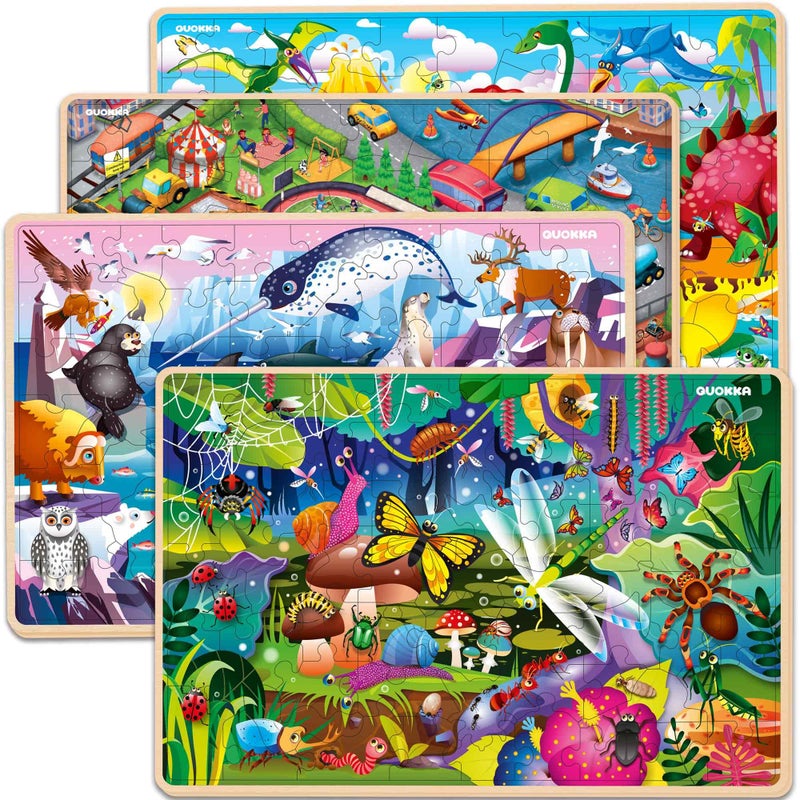 QUOKKA Wooden Puzzles for Kids Ages 4-6 â€“ 4 x 60 Piece Kids Puzzles Ages 4-8-10 Year Olds by QUOKKA - Jigsaw Learning Game with Animals Dinosaurs City for 3-5 yo Wood Toys for Boys and Girls - Image 1