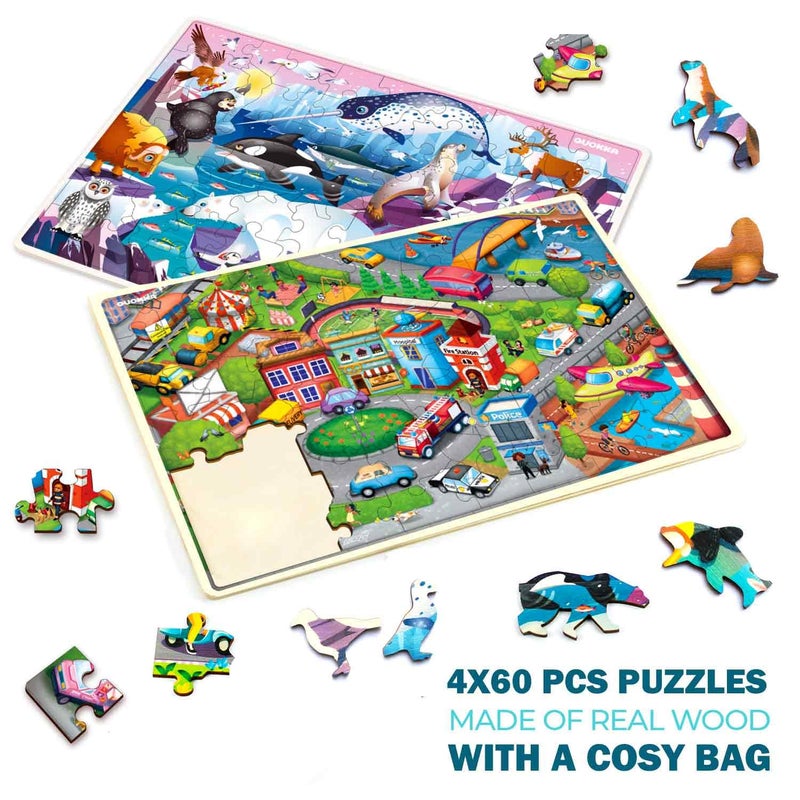 QUOKKA Wooden Puzzles for Kids Ages 4-6 â€“ 4 x 60 Piece Kids Puzzles Ages 4-8-10 Year Olds by QUOKKA - Jigsaw Learning Game with Animals Dinosaurs City for 3-5 yo Wood Toys for Boys and Girls - Image 2