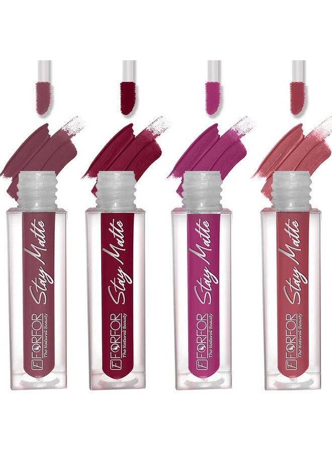 Forfor Stay Matte Long Lasting Mini Liquid Lipstick Waterproof Combo Of 4 (Bridal Maroon Pink Blush Peach Nude Mauve) - Image 1