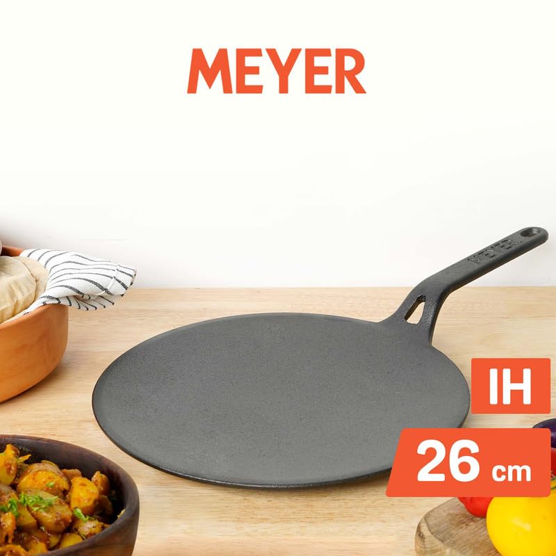 MEYER Pre-Seasoned Cast Iron Roti/Chapati/Dosa Tawa Pan with Stick Handle, Dosa Kallu, Iron Tawa Big Size | Pre-Seasoned Cast Iron Cookware | Gas Stovetop Compatible | 26cm, Black - Image 2
