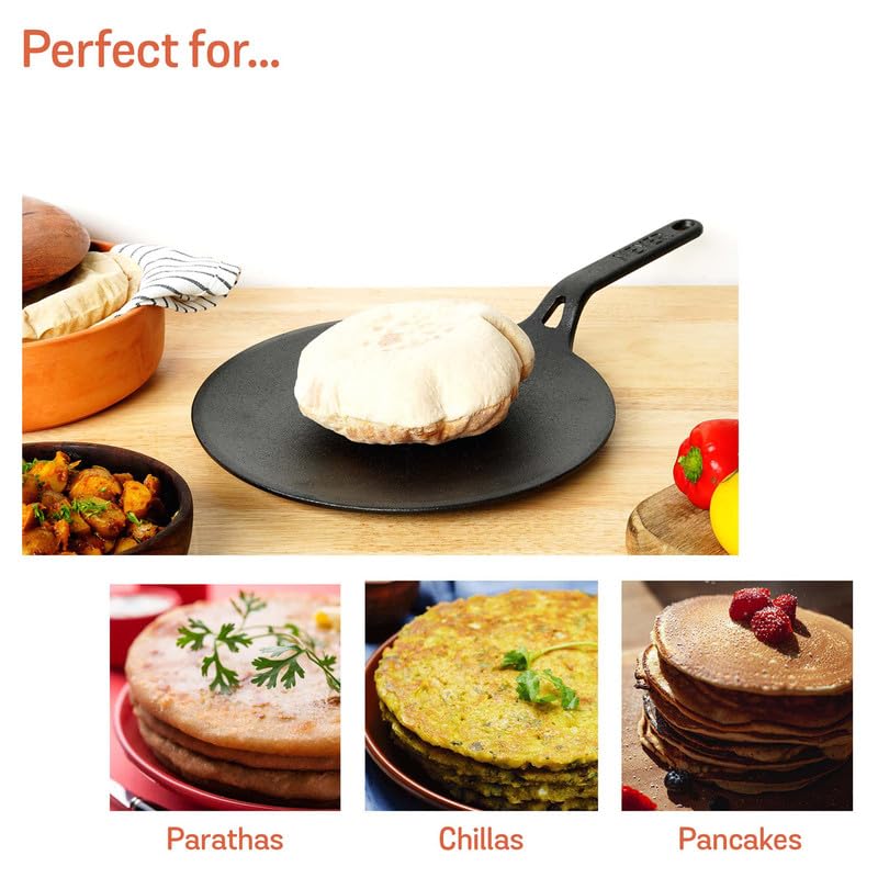 MEYER Pre-Seasoned Cast Iron Roti/Chapati/Dosa Tawa Pan with Stick Handle, Dosa Kallu, Iron Tawa Big Size | Pre-Seasoned Cast Iron Cookware | Gas Stovetop Compatible | 26cm, Black - Image 3