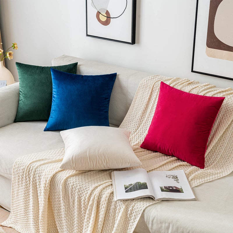 EMEMA Pack of 2 Velvet Throw Pillow Covers Decorative Square Pillowcase Soft Solid Cushion Case for Sofa Bedroom Chair Car 20x20 Inch Cream White - Image 5
