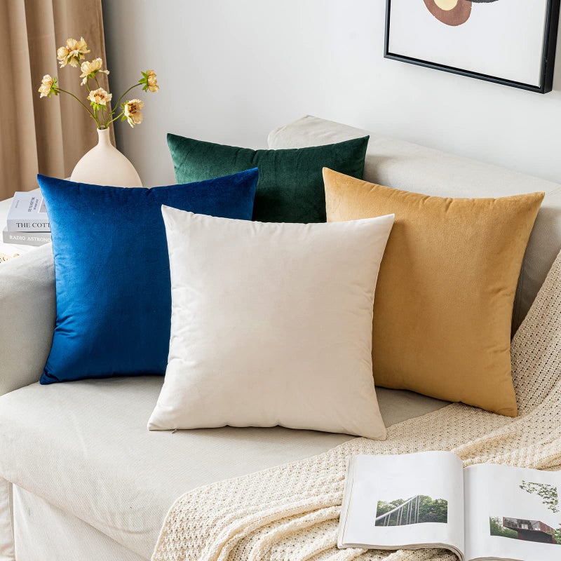 EMEMA Pack of 2 Velvet Throw Pillow Covers Decorative Square Pillowcase Soft Solid Cushion Case for Sofa Bedroom Chair Car 20x20 Inch Cream White - Image 4