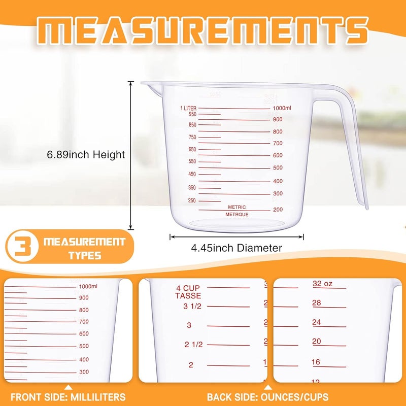 TOODOO 12 Pieces Plastic Measuring Cups 4 Cup Capacity Clear Measuring Mug with Spout and Handle Grip 1000 ml Marking for Flour Water Liquid Ingredient - Image 4