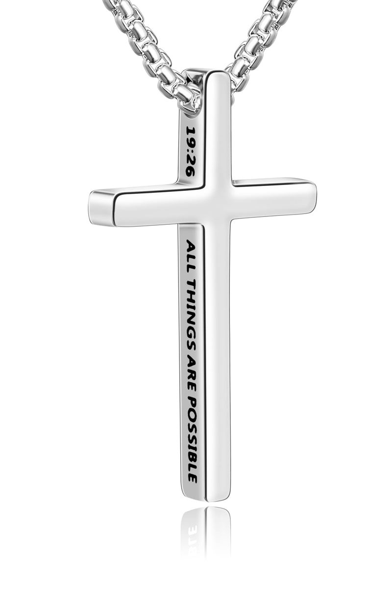 Fiusem Cross Necklace for Men, Inspirational Bible Verse Cross Chain for Men, Stainless Steel Box Necklace 14K Silver Plated 22", WITH GOD ALL THINGS ARE POSSIBLE - Image 1