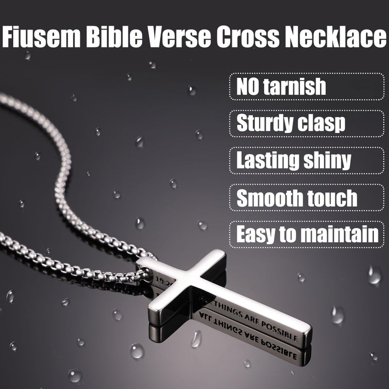 Fiusem Cross Necklace for Men, Inspirational Bible Verse Cross Chain for Men, Stainless Steel Box Necklace 14K Silver Plated 22", WITH GOD ALL THINGS ARE POSSIBLE - Image 5