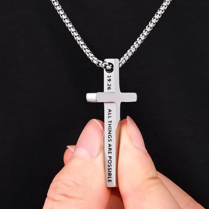 Fiusem Cross Necklace for Men, Inspirational Bible Verse Cross Chain for Men, Stainless Steel Box Necklace 14K Silver Plated 22", WITH GOD ALL THINGS ARE POSSIBLE - Image 3