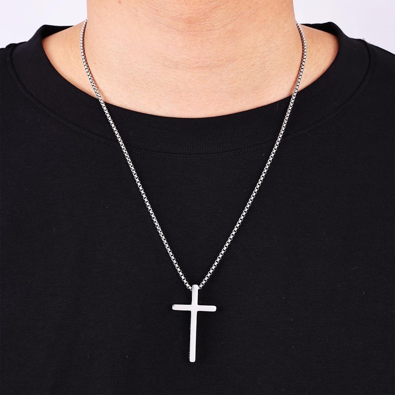 Fiusem Cross Necklace for Men, Inspirational Bible Verse Cross Chain for Men, Stainless Steel Box Necklace 14K Silver Plated 22", WITH GOD ALL THINGS ARE POSSIBLE - Image 2