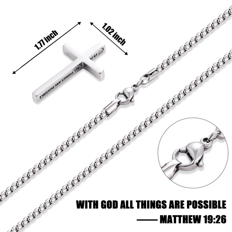 Fiusem Cross Necklace for Men, Inspirational Bible Verse Cross Chain for Men, Stainless Steel Box Necklace 14K Silver Plated 22", WITH GOD ALL THINGS ARE POSSIBLE - Image 4