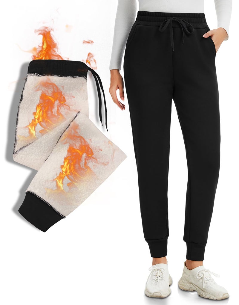 NEW YOUNG Women's Fleece Lined Joggers for Warmth High Waisted Thermal Sweatpants with Pockets for Cold Weather & Hiking Black - Image 1