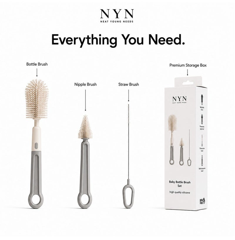 نت يونغ نيدس مجموعة NYN الفاخرة لتنظيف رضاعات الأطفال المصنوعة من السيليكون | خالية من BPA | فرشاة رضاعة، فرشاة حلمة، وفرشاة تنظيف الأنبوب | تنظيف منتجات الأطفال - Image 1