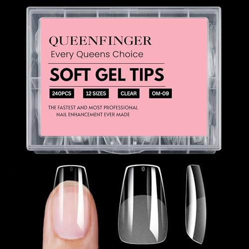QUEENFINGER 240PCS Soft Gel Nail Tips with Box – Clear Gel X Nail Tips Full Cover Fake Nails Soft Acrylic Tips for Nail Extension Manicure at Home or Salon DIY Use for Women and Girls (09) - Image 1