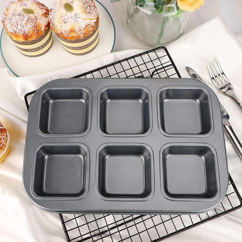 Bake House Square Brownie Pan Nonstick 6 Cavity Muffin Pan Brownie Cake Pan Mini Cheesecake Cupcake Bakeware Carbon Steel Brownie Baking Tray Bakeware for Oven Baking - Image 5