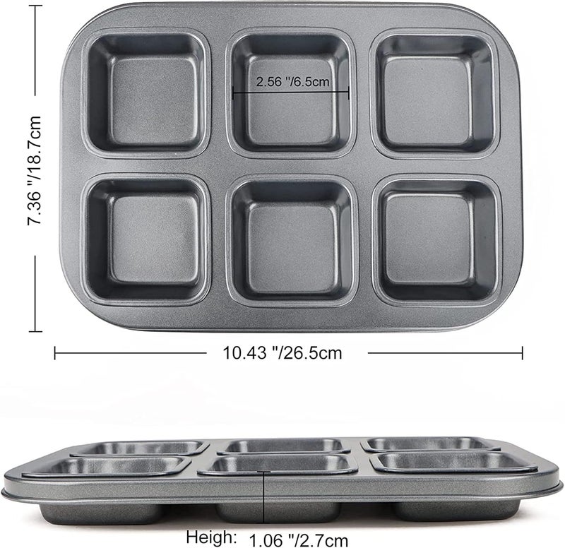 Bake House Square Brownie Pan Nonstick 6 Cavity Muffin Pan Brownie Cake Pan Mini Cheesecake Cupcake Bakeware Carbon Steel Brownie Baking Tray Bakeware for Oven Baking - Image 2