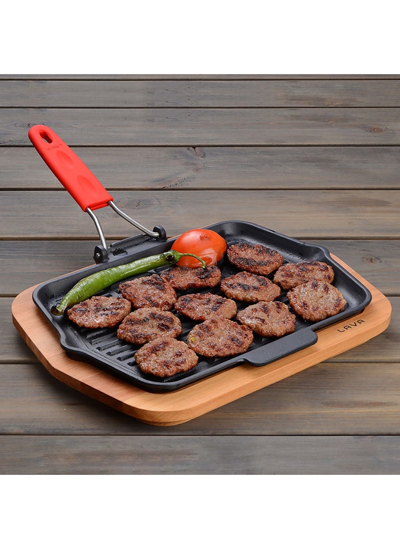 Lava Cast Iron Grill Pan, Wire and Silicone Handle. Size 21X30CM Red  - Image 2