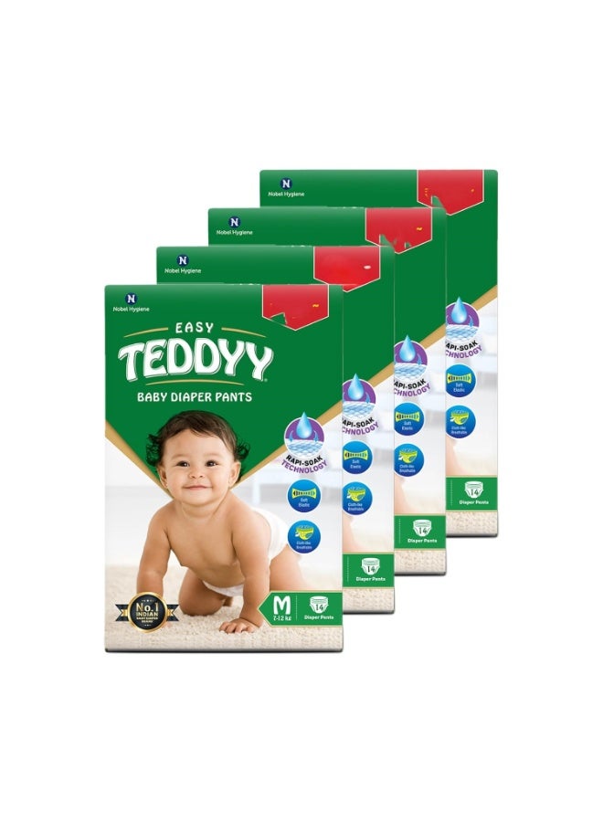 TEDDYY Easy Baby M Size Diaper Pant Style | 14 Count (Medium) | 7–12 kg (Pack of 4) | Long Protection Hours | Anti-Bacterial | Airy Breathable Fit | Rapid Soaker Channels with Wetness Indicator