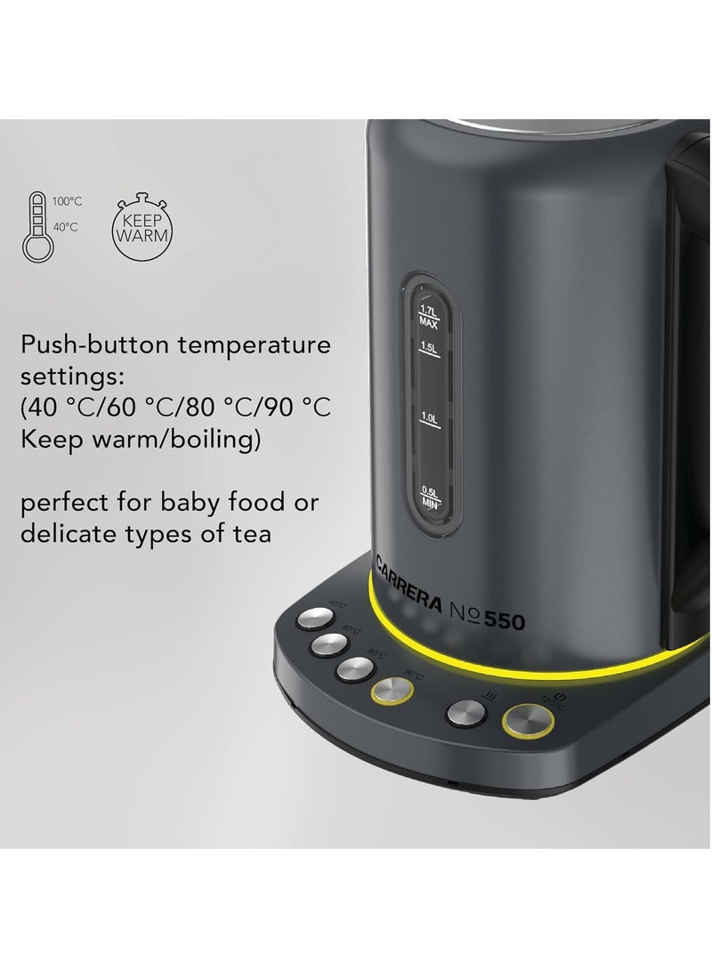 Carrera Electric Kettle No 550-1.7L, 2400W, Stainless Steel Housing, Temperature Control, Keep Warm Function, Overheat Protection, LED Display, 360° Swivel Base