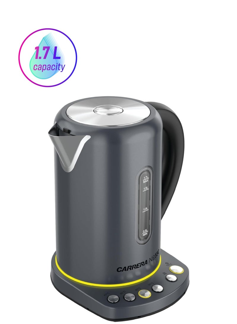 Carrera Electric Kettle No 550-1.7L, 2400W, Stainless Steel Housing, Temperature Control, Keep Warm Function, Overheat Protection, LED Display, 360° Swivel Base