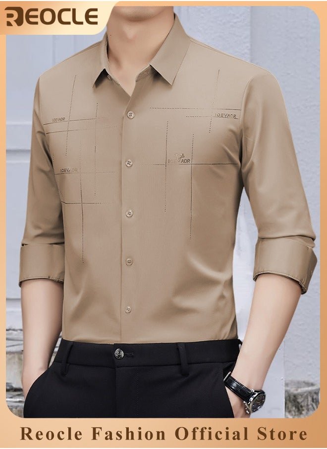 REOCLE - Men's Business Slim Fit Shirt Official Long Sleeve Stretch Dress Shirt Wrinkle-Free Regular Fit Button Down Shirts - Image 1