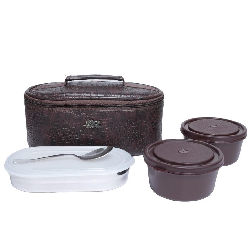 KOI TiffinPro Stainless Steel Tiffen Box for Office Set | Microwave Safe & Leakproof | Office Lunch Box | Insulated Bag, 2 Containers 450ml, Oval Container 400ml & Stainless Steel Spoon | Brown Croko - Image 4