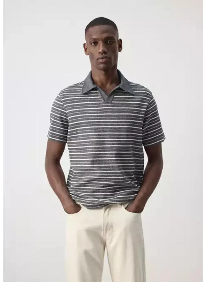 Cotton Blend Textured Striped Polo