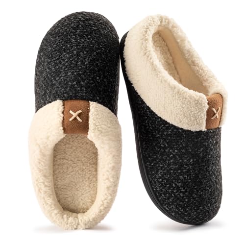 ULTRAIDEAS Women's Indoor Bedroom Slipper with Memory Foam, Gift for Women, Wool-Like House Shoe with Anti-Skid Rubber Sole for Ladies (7-8, Black) - Image 1