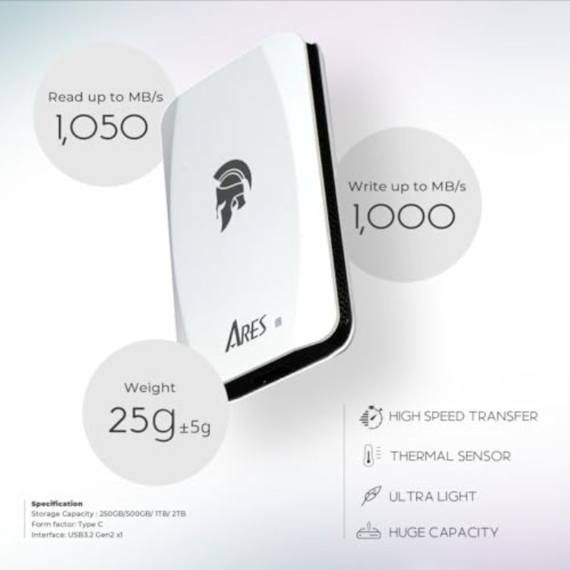 SSD محمول للاستخدام أثناء التنقل، هيكل من سبائك الألومنيوم، لمسة نهائية سوداء غير لامعة، تصميم صغير للغاية مع USB 3.2 Gen 2x1 Type-C بسرعات قراءة/كتابة تصل إلى 1050/1000 ميجابايت/ثانية - Image 3