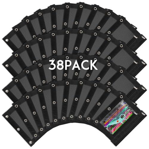 IKAYAS 38 Pack Black Pencil Pouch for 3 Ring Binder with Zipper, Binder Pouch Bags for Classroom, School Students Teacher Supplies - Image 1