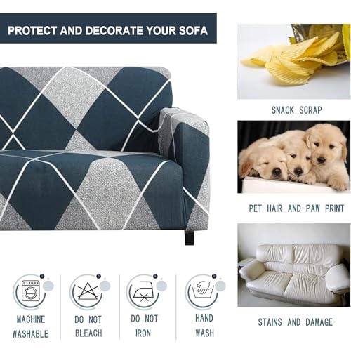 Furshine® Printed Universal Polyester Blend & Spandex Sofa Cover Big Elasticity Cover for Couch Flexible Stretch Sofa Cover | Imported Slipcovers (Blue Rhombus, Three Seater) - Image 5