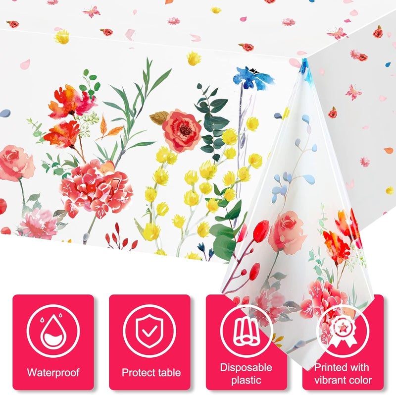 Breling Spring Summer Floral Table Cover Watercolor Wild Flowers Tablecloth Plastic Floral Tablecloth for Easter Dining Kitchen Room Picnic Camping Party Holiday Decor 54 x 108 Inch Bright Style6 Pieces  - Image 3