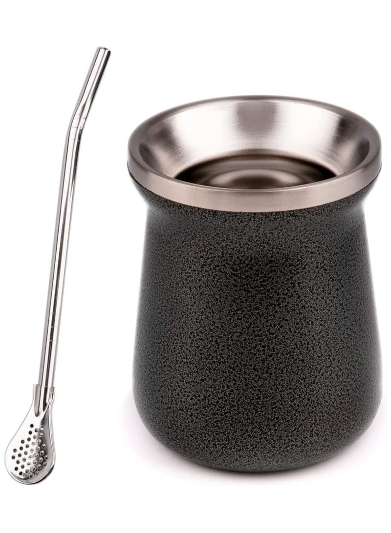 Y&D Yerba Mate Cup Black Stainless Steel And Bombilla Set 8oz Gourd Double Walled Tea With Straw  - Image 1