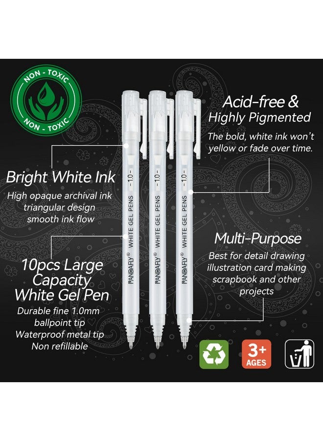 باندافلاي أقلام جل بيضاء من باندافلاي، عبوة من 10 أقلام، رأس رفيع 1 مم، لتسليط الضوء على الأعمال الفنية ورسم الفنانين، أقلام تسليط الضوء البيضاء على الورق الأسود، أقلام حبر جل بيضاء للرسم والتوضيح وصناعة البطاقات - Image 3