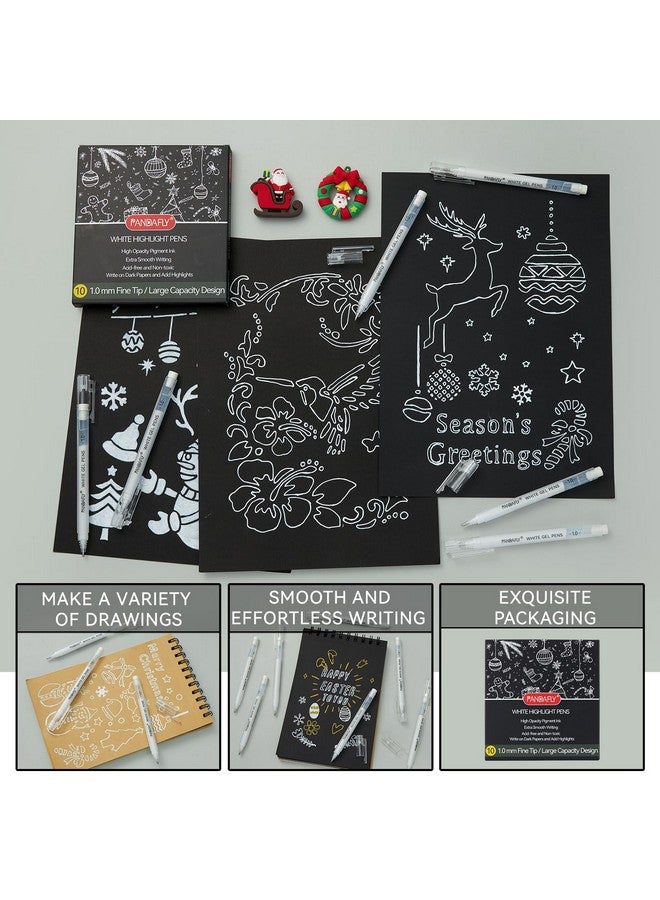 باندافلاي أقلام جل بيضاء من باندافلاي، عبوة من 10 أقلام، رأس رفيع 1 مم، لتسليط الضوء على الأعمال الفنية ورسم الفنانين، أقلام تسليط الضوء البيضاء على الورق الأسود، أقلام حبر جل بيضاء للرسم والتوضيح وصناعة البطاقات - Image 4