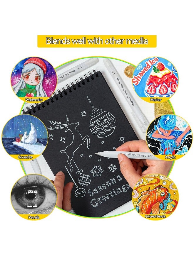 باندافلاي أقلام جل بيضاء من باندافلاي، عبوة من 10 أقلام، رأس رفيع 1 مم، لتسليط الضوء على الأعمال الفنية ورسم الفنانين، أقلام تسليط الضوء البيضاء على الورق الأسود، أقلام حبر جل بيضاء للرسم والتوضيح وصناعة البطاقات - Image 5