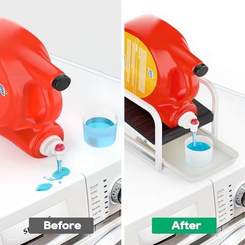 PAPAGIFTREE Laundry Detergent Holder Liquid Laundry Detergent Riser and Stand, Liquid Detergent Holder with Drip Tray for Laundry Room Organization (Tilted-Black Wood) - Image 4