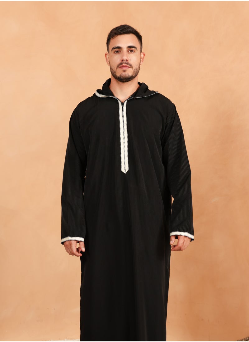 Yigo by Mariam Qamis Papis – Black Hooded Men’s Qamis – Lightweight Zibda Fabric | Classic Omani Style Thobes  - Image 1