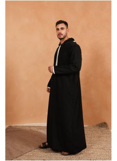 Yigo by Mariam Qamis Papis – Black Hooded Men’s Qamis – Lightweight Zibda Fabric | Classic Omani Style Thobes  - Image 3