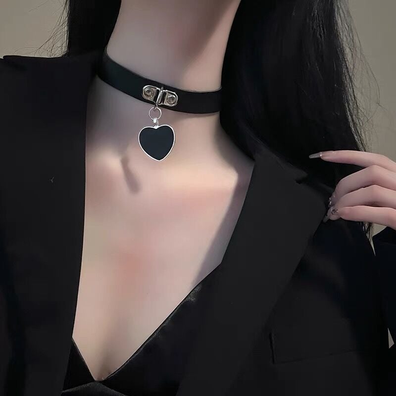 Leather Bell Choker Necklace with Heart Pendant black love necklace