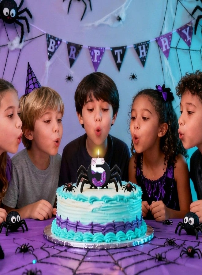 ميتلي شمعة عيد الميلاد الخامس بتصميم عنكبوت بنفسجي من إم تي لي، شمعة رقم 5، زينة كعكة بتصميم عنكبوت شبحي، لوازم حفلات ذات طابع خاص - Image 4