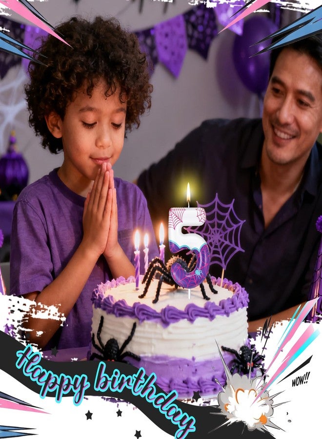 ميتلي شمعة عيد الميلاد الخامس بتصميم عنكبوت بنفسجي من إم تي لي، شمعة رقم 5، زينة كعكة بتصميم عنكبوت شبحي، لوازم حفلات ذات طابع خاص - Image 3