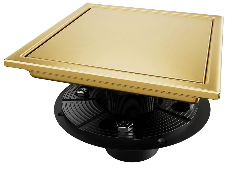 Elefloom Square Shower Drain Gold Shower Drain 6 inch with Flange and 2 in 1 TileInsert Cover AISI 304 Stainless Steel Gold Shower Floor Drain with Hair Catcher and Flange