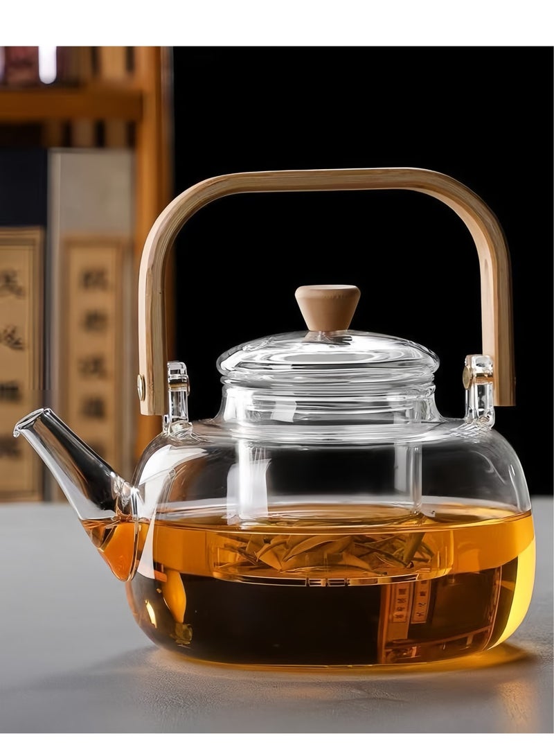 1000ml Glass Teapot With Glass Infuser, Teapot With Strainer For Loose Tea, Safe On Stovetop, Tea Pot With Bamboo Handle  - Image 1