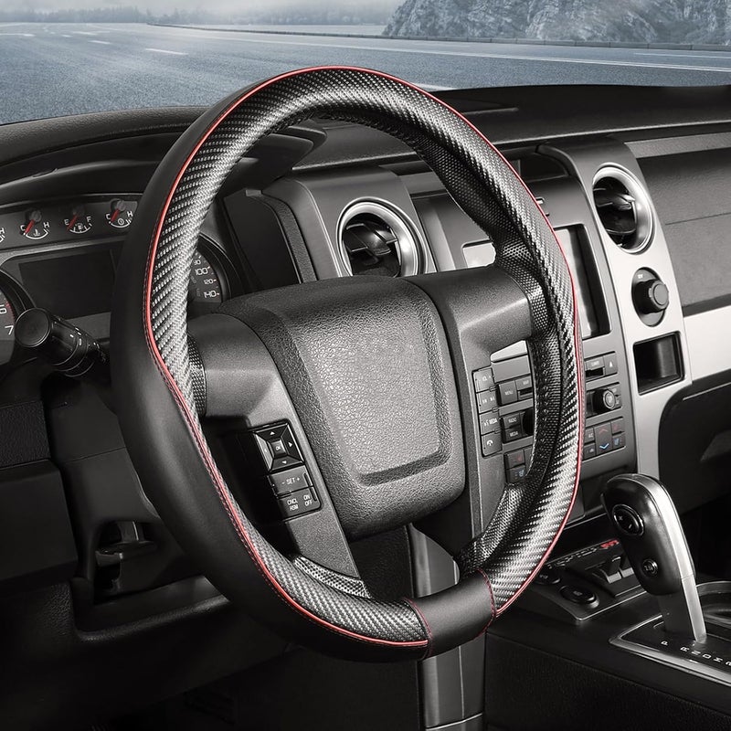 سيج دايركت غطاء عجلة القيادة المباشر من SEG بحجم كبير لـ F150 F250 F350 Ram 4Runner Tacoma Tundra Range Rover بقطر خارجي 15 1/2-16 بوصة من الجلد بنمط ألياف الكربون باللونين الأسود والأحمر - Image 1