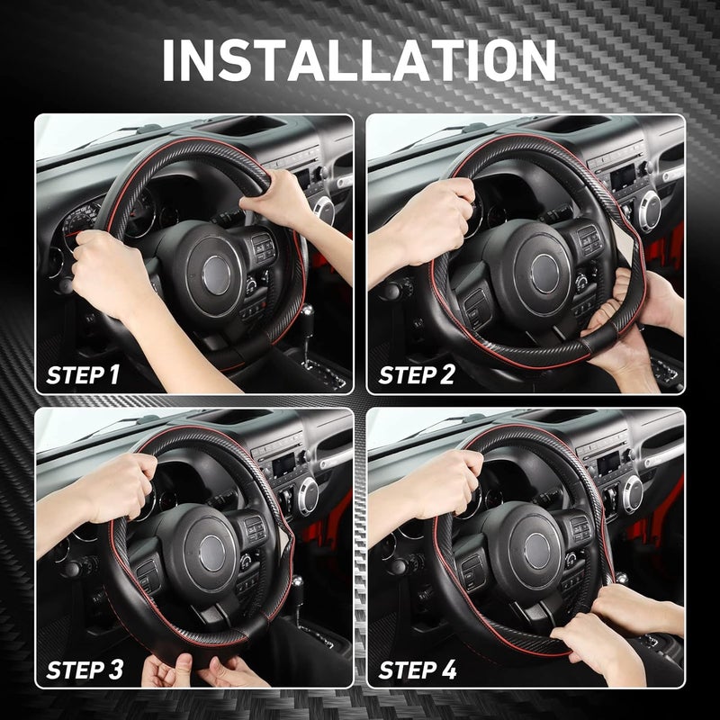 سيج دايركت غطاء عجلة القيادة المباشر من SEG بحجم كبير لـ F150 F250 F350 Ram 4Runner Tacoma Tundra Range Rover بقطر خارجي 15 1/2-16 بوصة من الجلد بنمط ألياف الكربون باللونين الأسود والأحمر - Image 4