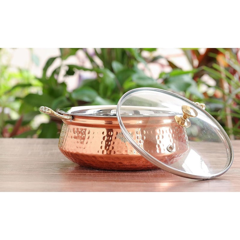 Heritage Mart Copper Stainless Steel Hammered Finish Handi/Lagan/Pot with Toughened Glass Lid and Brass Knob with Handles, Ideal for Serving Food at Home/Restaurant/Hotels 300 ML(Pack of 2)  - Image 2